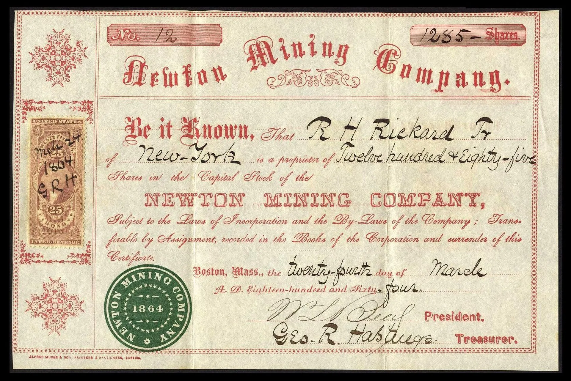 Image of Newton Mining Co stock certificate, 1864, franked with U.S. Revenue stamp , issue of 1862. Corporation formation: what shares, the board, officers and the record are for