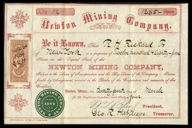 Image of Newton Mining Co stock certificate, 1864, franked with U.S. Revenue stamp , issue of 1862. Corporation formation: what shares, the board, officers and the record are for